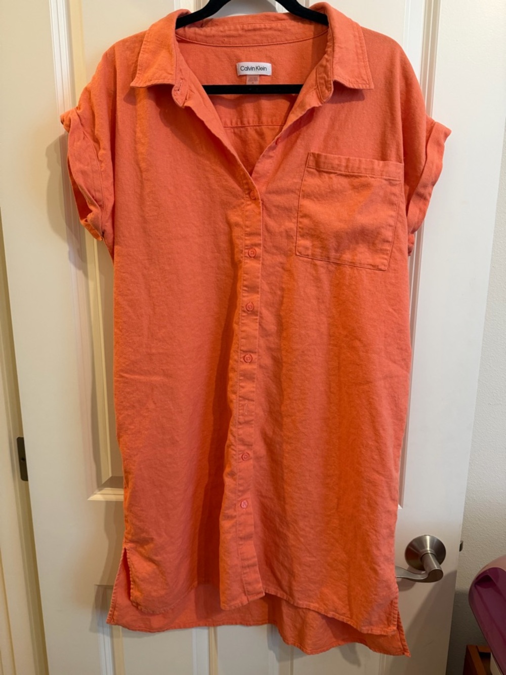Calvin Klein linen blend orange shirt style button down dress. Size 14